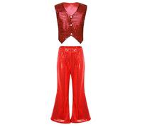 inlzdz Conjuntos Ropa de Danza Niñas Niños Chaqueta Brillantes Corta Hip Hop Jazz Danza Leggings Acampanados Disfraz de Fiesta Actuación Competición Rojo 12-13 años