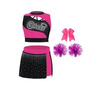 inlzdz Disfraz Animadora De Fiesta Para Niña Crop Top Con Estampado Letras + Falda Corta Plisada Con Pompones Conjundoo Deportivo Rosa caliente 13-14 años