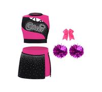 inlzdz Disfraz Animadora De Fiesta Para Niña Crop Top Y Falda Corto De Plisada Con Pompones Disfraz Para Fiesta Actuación Carnaval Rosa caliente 9-10 años