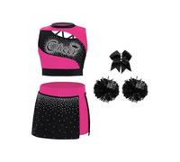 inlzdz Disfraz Animadora De Fiesta Para Niña Crop Top Y Falda Corto De Plisada Con Pompones Disfraz Para Fiesta Actuación Carnaval Rosa fuerte y negro 15-16 años