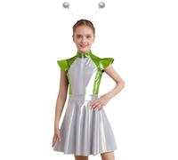 inlzdz Disfraz De Alien para Niñas Vestido Sin Mangas + Diademas De Alienígena Disfraz del Espacio Exterior Ropa De Fiesta Temática Canaval Verde Fluorescente Plateado 9-10 años
