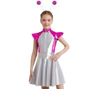 inlzdz Disfraz De Alien para Niñas Vestido Sin Mangas + Diademas De Alienígena Disfraz del Espacio Exterior Ropa De Fiesta Temática Canaval Rosa Caliente 9-10 años