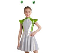 inlzdz Disfraz De Alien para Niñas Vestido Sin Mangas + Diademas De Alienígena Disfraz del Espacio Exterior Ropa De Fiesta Temática Canaval Verde Fluorescente 15-16 años