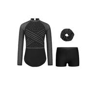inlzdz Maillot Brillante De Danza Ballet Niña Leotardos Gimnásticos Manga Larga + Leggings Cortos Disfraz Bailarina De Fiesta Actuación Negro 5-6 años