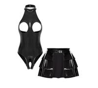inlzdz Minivestido De Cuero para Mujer Piel Patentada con Aspecto Mojado Faldas a La a Abombadas Aniversario Negro M