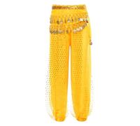 inlzdz Pantalón Bombacho con Monedas para Niñas Pantalones De Gasa Brillante Cintura Elástica Pantalones De Harén De Baile Latino De Yoga Amarillo 7-9 años