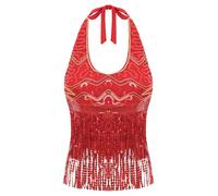 inlzdz Top Danza del Vientre para Mujer Sujetador con Borlas De Lentejuelas Disfraz De Bailarina árabe India Rojo Talla única