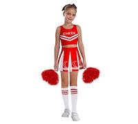 inlzdz Traje De Baile De Porristas Para Niñas Crop Top + Falda Corta Plisada + Pompones Disfraz De Fiesta Cosplay Rojo 7-8 años