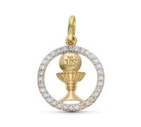 Inmaculada Romero IR Cáliz Colgante en Oro Bicolor de 9k para Primera Comunión de 16mm. con circonitas