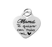 Inmaculada Romero IR Colgante plata Ley 925m chapa corazón 25mm. mensaje MAMÁ TE QUIERO CON TODO MI CORAZÓN dibujo - Personalizable - GRABACIÓN INCLUIDA EN EL PRECIO