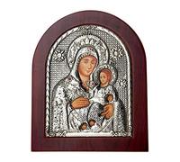Inmaculada Romero IR Imagen Icono Bizantino Virgen María Niño Jesús Madera Metal Plateado Piedras Rojas