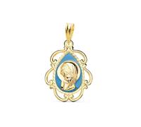 Inmaculada Romero IR Virgen Niña Medalla en Oro de 18k para Primera Comunión 22mm. esmaltada azul calada