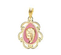 Inmaculada Romero IR Virgen Niña Medalla en Oro de 18k para Primera Comunión 22mm. esmaltada rosa calada