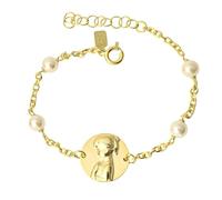 Inmaculada Romero IR Virgen Niña Pulsera Plata Ley 925m chapada oro 15cm. Primera Comunión 4 perlas 5mm. medalla 15mm.