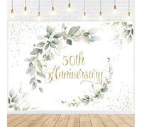 InMemory Telón de fondo con texto "Happy 50th Anniversary Cheers to 50 Years Marriage Wedding Day Banner Sage Green Eucalyptus Gold Memorial Anniversary Party Decorations Background for Couples