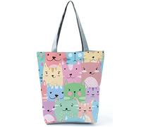 INN Cats Bolso de mujer de lona de algodón, bolsa de la compra, bolsa de tela, Tote Bag con estampados de dibujos motivos gatos (cat_arcoiris)