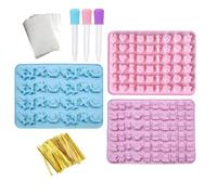 INNAL 3 moldes de silicona para gomitas de animales, frutas, corazón, con 3 cuentagotas + 50 bolsas transparentes + 50 bridas doradas para hacer gomitas de chocolate