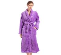 Inner Wish Bata de felpa para mujer, acogedora y cálida, bata de baño mullida con bolsillos (gris claro + rojo rosa), Violeta, L-XL