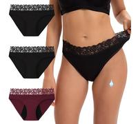 INNERSY Bragas Menstruales Mujer Braga Menstrual Algodon Encaje Culotte Lavables Suaves Pack de 3 (M, 2 Negro/1 Rojo Oscuro)