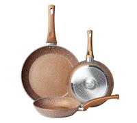 Innerwell Juego de 3 sartenes antiadherentes 20 + 24 + 28 cm, sartén de inducción con revestimiento antiadherente cerámico, sin PFOA, apto para horno y lavavajillas, Marrón