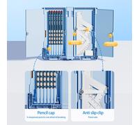 Innovador soporte de lectura y estuche para bolígrafos que promueve una buena postura. Diseño portátil.