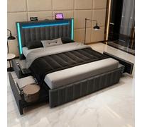 Innovadora cama juvenil con base de carga LED y USB-C - 140 x 200 cm en gris con 4 cajones y espacio de almacenamiento - Moderna comodidad para dormir sin colchón