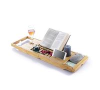 InnovaGoods® Bandeja bañera de Bambu, Bandeja baño Extensible 70-104 cm, Incluye Bandeja extraíble, Bandeja baño con Ranura de sujeción para Smartphone, Soporte para Copas y 3 Niveles de inclinación.
