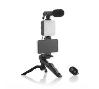 InnovaGoods® Kit de vlogging (6 piezas), tripode para movil graba vídeos de forma profesional, con aro de luz LED, micrófono y mando, ideal para vloggers, YouTubers y creadores de contenido.