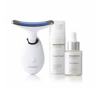 InnovaGoods - Pack Masajeador Facial Eléctrico Reafirmante para Cara y Cuello con LED, EMS y Calor, Sérum Facial Kombucha Vibeboost 30 ml y Crema Facial Hidratante Kombucha Vibecare 50 ml