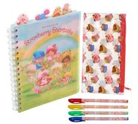 Innovative Designs Cuaderno de notas con pestañas de pastel de fresa con bolígrafos de gel, cuaderno encuadernado en espiral y estuche para lápices, 96 páginas a rayas, 8 x 7 pulgadas