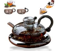 Innovessa Filtration Tea pot Set, Glass Tea Pot Set with Hot Plate, Loose Leaf Teapot, Elegant Tea Pot Gift Set for Adults, Stovetop Safe, 2 Cup Set (Gray set)