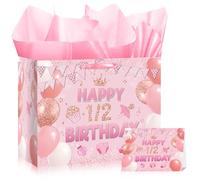 Innovoscape Decoración de 1/2 cumpleaños para niña, bolsa de medio cumpleaños rosa con tarjeta de papel de seda, decoraciones de fiesta de cumpleaños de 6 meses, para mitad de camino a uno, regalos de