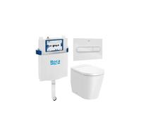 Inodoro Adosado a Pared con Tecnología Rimless Salida Dual Placa Pulsadora Cisterna y Tapa Amortiguada Round Colección Basic Roca - Cromado / CODO EVACUACIÓN S/DUAL