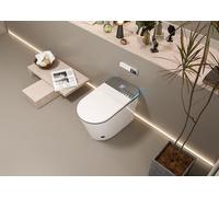 Inodoro alargado de lujo con bidé inteligente, doble descarga, apertura y cierre automáticos, asiento con calefacción, drenaje de pared, color blanco