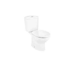 Inodoro completo de salida vertical con tecnología rimless y cisterna de doble descarga VICTORIA de Roca - Asiento y tapa lacados con bisagras de acero inoxidable / Lateral
