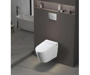 Inodoro Japonés Suspendido Blanco con Bastidor W220 | Apertura/cierre cubiertos y asiento con sensor de pie | Higiene personal con chorro de agua y secado por aire caliente.