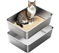 Inodoro para gatos de acero inoxidable, 2 unidades XXL de metal para gatos grandes, sin tapa, 60 x 40 x 15 cm, sin absorción de olores, fácil de limpiar, inoxidable, a prueba de fugas
