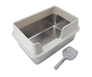 Inodoro para gatos XXL de acero inoxidable, abierto con borde alto, autolimpieza con pala, resistente a salpicaduras para gatos grandes y gatitos