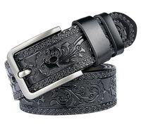 INOGIH Cinturón de cuero genuino con estampado floral grabado para hombre, hebilla cuadrada casual para decoración diaria, Negro, Suit for Waist 34''-38''