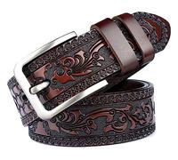 INOGIH Cinturón de piel auténtica con grabado floral occidental para hombre, cinturón casual con hebilla cuadrada para decoración diaria, Café, Suit for Waist 38''-41''