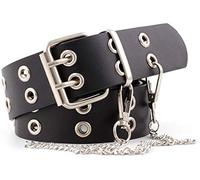 INOGIH Cinturón de piel con doble ojal con cadena para mujer, jeans y vestidos, Negro (con cadena), Talla única