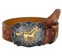 INOGIH Cinturones de cuero de vaquero occidental con hebilla de cuerno largo, toro, grabado floral, hebilla de cinturón para jeans, cintura de 33 a 42 pulgadas, Caballo-marrón, For Waist 34''- 39''