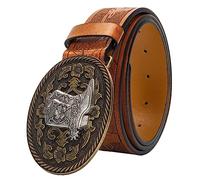 INOGIH Cinturones de cuero de vaquero occidental con hebilla de cuerno largo, toro, grabado floral, hebilla de cinturón para jeans, cintura de 33 a 42 pulgadas, Botas-marrón, For Waist 34''- 39''