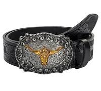 INOGIH Cinturones de cuero de vaquero occidental con hebilla de cuerno largo, toro, grabado floral, hebilla de cinturón para jeans, cintura de 33 a 42 pulgadas, Bull-black, For Waist 25''- 30''