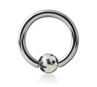 Inoki - Anillo de acero con bola de piedra de jaspe dálmata - Espesor 1.2 mm, Diámetro 14 mm, Bola 4 mm