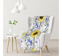 InOmak Acuarela Girasoles Amarillos Flores Azules,Manta Suave y cálida de Franela Antibolitas, 76 x 102 cm