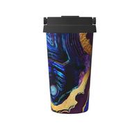 InOmak Ágata abstracta púrpura, azul, dorada,Taza de café de 500 ml, botella de agua de acero inoxidable aislada, taza de café portátil