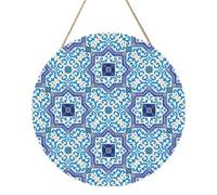InOmak Azulejos clásicos de estilo marroquí-portugués, Cuadro redondo de madera de 30 cm, cuadro para colgar en la pared del hogar.