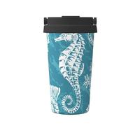 InOmak Conchas marinas, caballito de mar, coral,Taza de café de 500 ml, botella de agua de acero inoxidable aislada, taza de café portátil