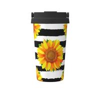 InOmak Girasoles sobre fondo de rayas blancas y negras,Taza de café de 500 ml, botella de agua de acero inoxidable aislada, taza de café portátil